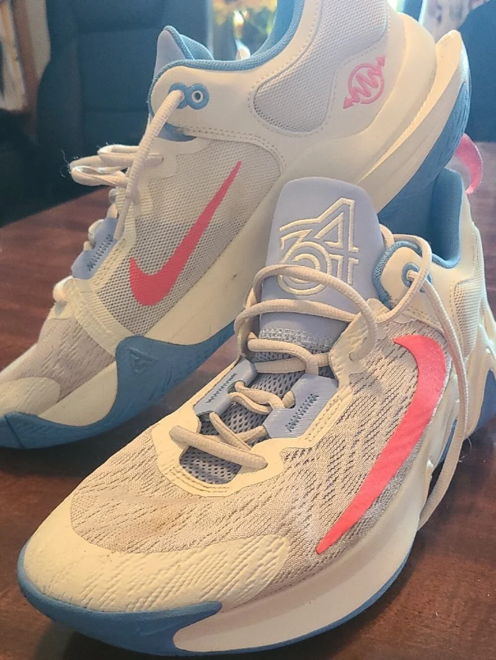 Nike White Sneakers with Light Blue Soles and Coral Swoosh DM0825-103